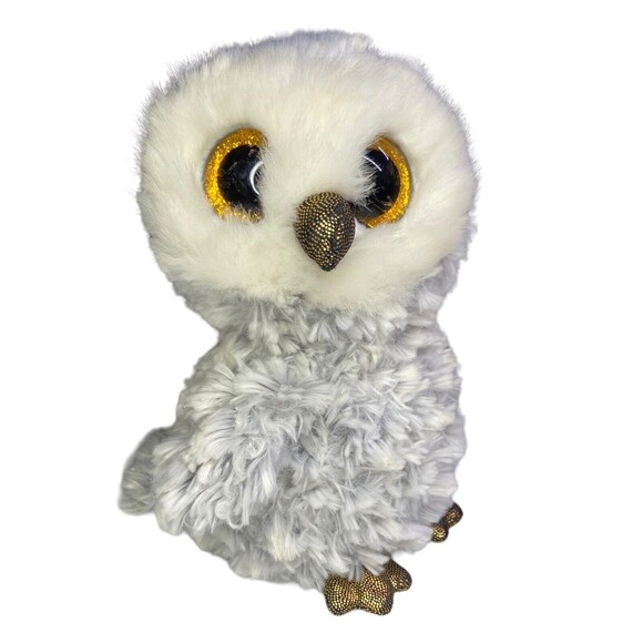 TY BEANIE BOOS OWELETTE Plush Gray White Owl Gold Glitter Eyes 6" 2017 Stuffie - Picture 2 of 11